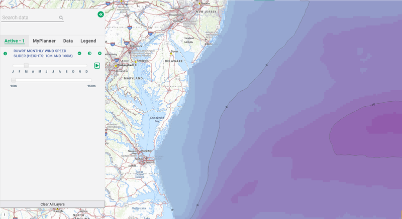 Map showing offshore wind speeds at surface height off the Mid-Atlantic coast.