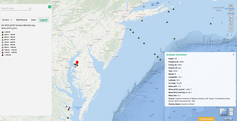 A map showing sites where PCO2 levels were measured in Mid-Atlantic waters in 2022.