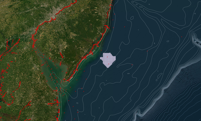 An overlay showing the Aids to Navigation, the Atlantic Shores Offshore Wind Projects 1 and 2, and Bathymetric Contours map layers.