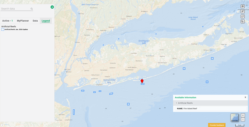 A map showing artificial reef areas around the Long Island coast.