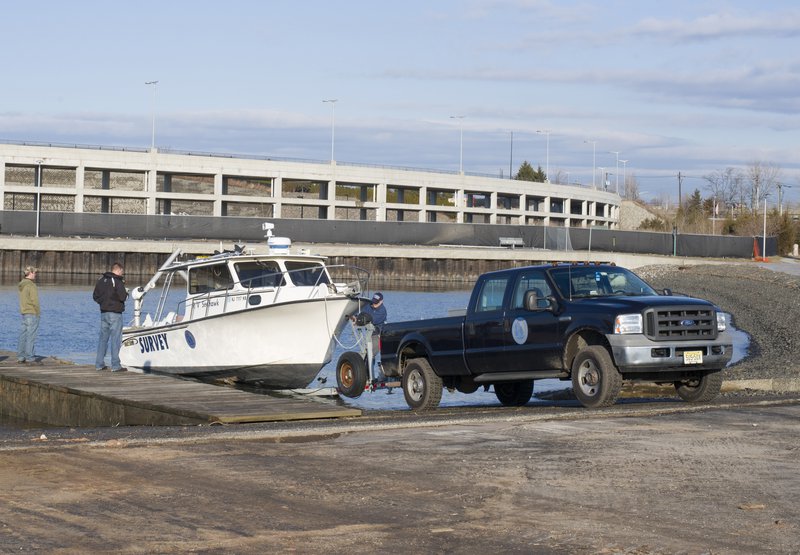 A boat is trailered down a ramp at Liberty State Park in New Jersey.