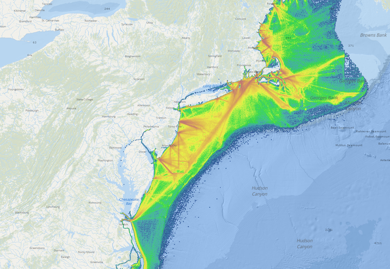 A VMS transit density map showing vessel activity from 2016-20