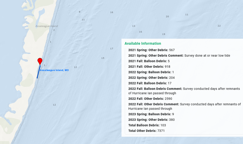 Map showing litter collection stats on Assateague Island.