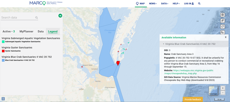 A map showing the locations of blue claw crab, oyster and SAV sanctuaries in Virginia.
