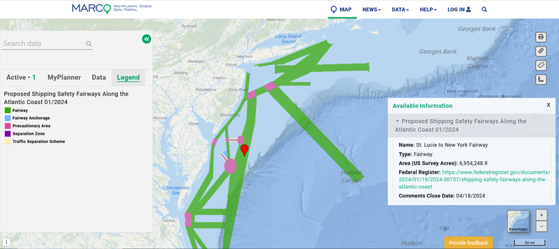 Map of proposed shipping safety fairways in the Mid-Atlantic