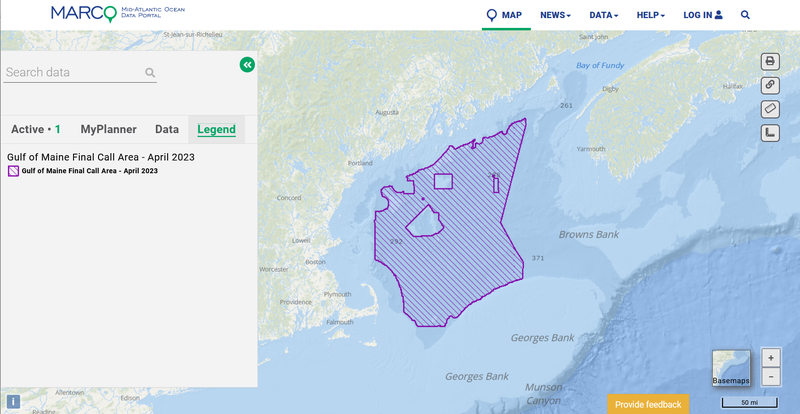 A map showing the Gulf of Maine FInal Call Area with legend.