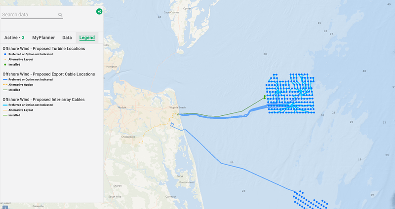 Map showing proposed and constructed offshore wind infrastructure off the Virginia coast.