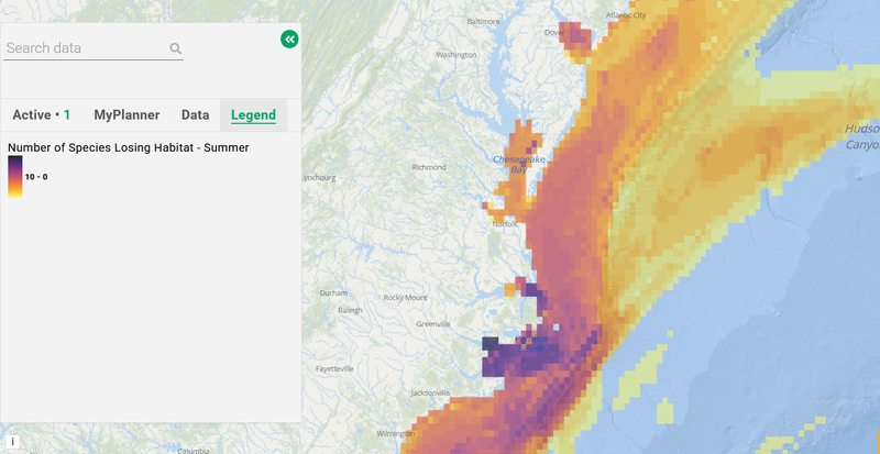 A map predicting the number of highly migratory species that will lose habitat in areas off the Mid-Atlantic coast in summer months..