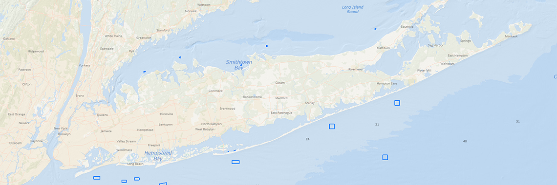 A map showing artificial reef areas near Long Island