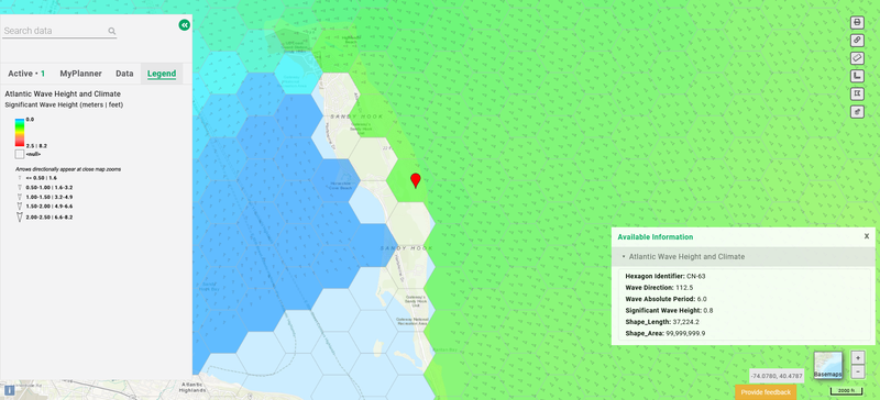 A map of wave heights and directions near Sandy Hook, New Jersey.